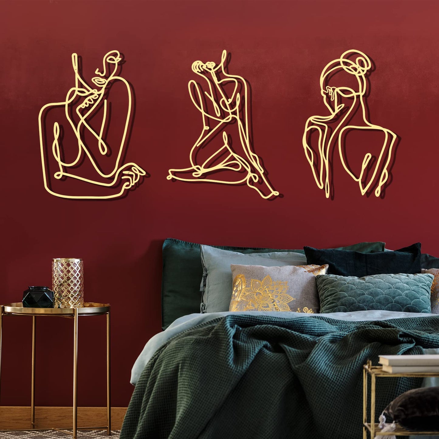 Photect 3 Pcs Metal Wall Art Decor Minimalist Abstract Woman Wall Art metal Modern Line Drawing Wall Art Decor Female Single Line Wall Home Hanging for Bedroom Bathroom Living Room, Gold (Elegant)