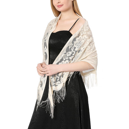Ladiery Triangle Lace Shawls and Wraps for Evening Dresses with Tassels for Evening Party Mesh Wedding Shawls