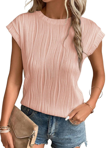 EVALESS Womens Spring Summer Crewneck Dressy Casual Textured Tops Blouses 2025 Fashion Trendy Cute Solid Business Cap Sleeve T Shirts Pink Medium