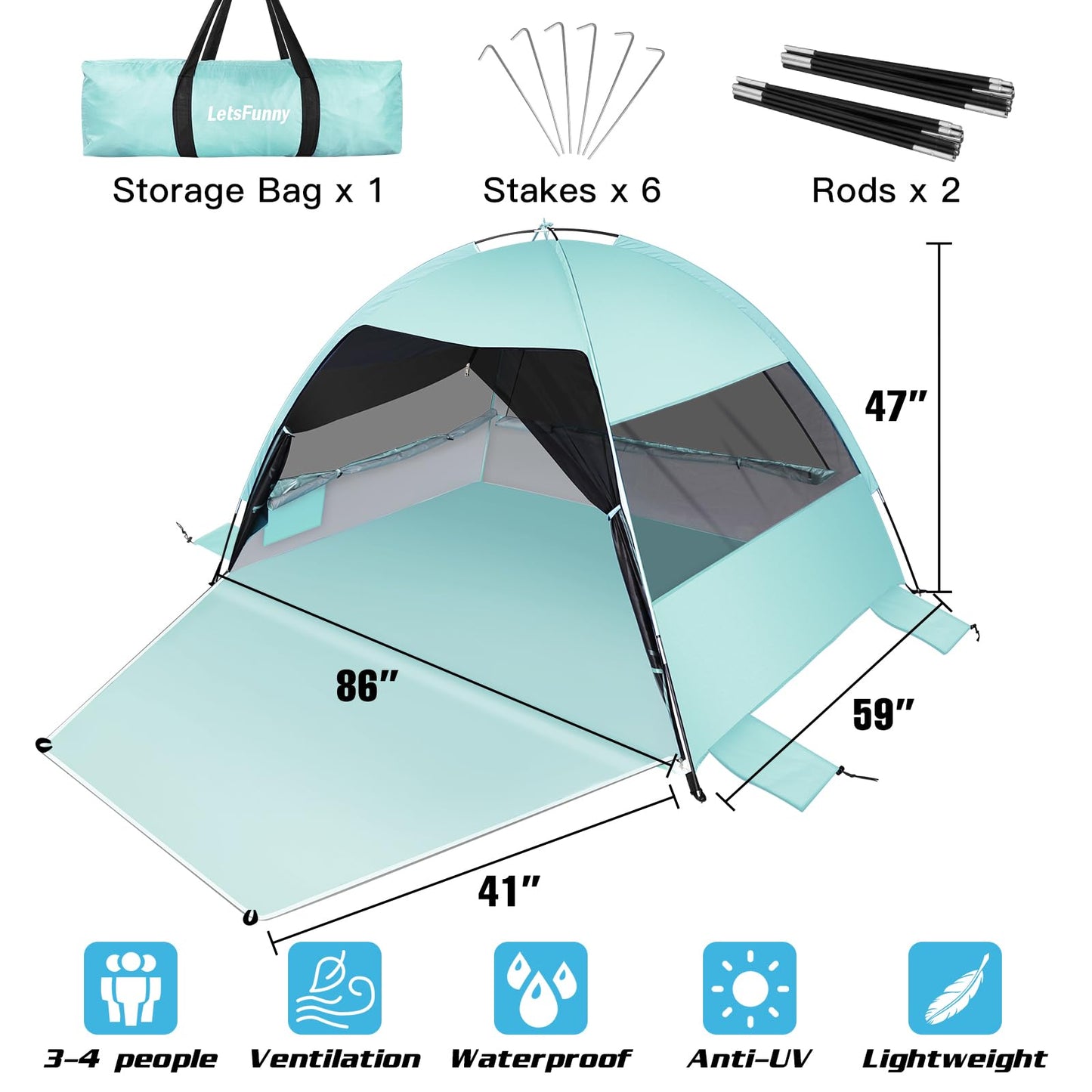 Large Easy Setup Beach Tent,Anti-UV Beach Shade Beach Canopy Tent Sun Shade with Extended Floor & 3 Mesh Roll Up Windows Fits 3-4 Person,Portable Shade Tent for Outdoor Camping Fishing (Mint Green)