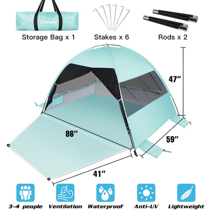 Large Easy Setup Beach Tent,Anti-UV Beach Shade Beach Canopy Tent Sun Shade with Extended Floor & 3 Mesh Roll Up Windows Fits 3-4 Person,Portable Shade Tent for Outdoor Camping Fishing (Mint Green)
