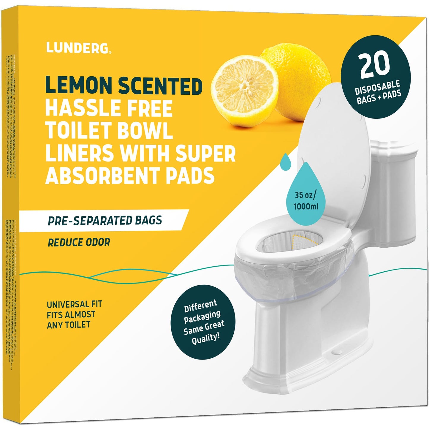 Lunderg Toilet Liners with Lemon Scented Super Absorbent Pads - Value Pack 20 Count Universal Fit - Disposable Toilet Bags - Convert any Home, Boat or Camping WC into a Dry Flush - Emergency must have