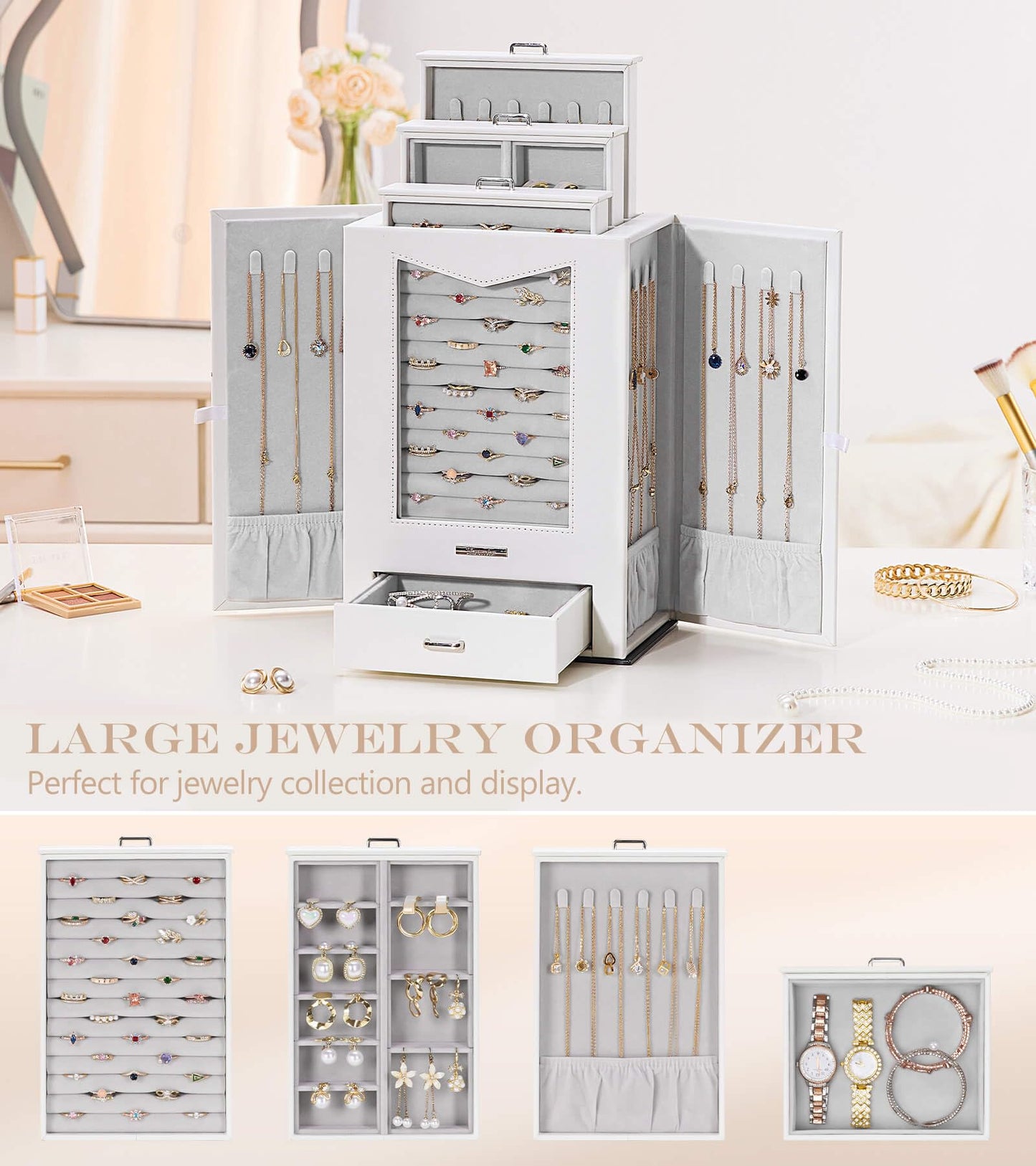 Homde Jewelry Organizer with Transparent Window Necklace Hooks Gift for Women Jewelry Box Display Case for Necklaces Rings Earrings Bracelets and Other Jewelry Accessories (White)