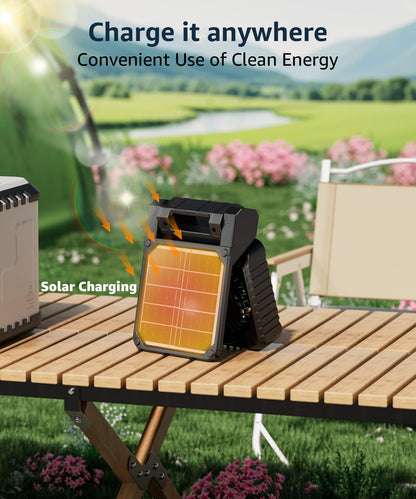 lynker Camping Fan Solar Powered with LED Lantern & Power Bank, Portable Rechargeable Battery Operated, 4 Speeds, 35dB Ultra-Quiet, 8H Timer, Foldable Fan for Tent, RV, Emergency, Hiking (Black)