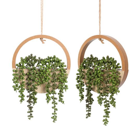 Floweroyal 2pcs Artificial Succulents Hanging Plants 12.2'' Fake String of Pearls in Pot with 8.3'' Lanyard for Indoor Outdoor Wall Decor（Wood Color）.
