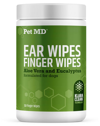 Pet MD Ear Finger Wipes for Dogs - Extra-Coverage and Large Design - with Eucalyptus and Aloe Vera for Dogs - Pet Ear Cleaning Finger Wipes & Puppy Ear Cleaner - 50ct