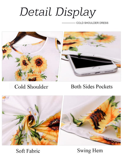 Misyula Sun Dresses for Women Casual, Female Shift Dress Pleating Retro Tropical Novel Relaxed Fit O Neck Long Midi Length Short Sleeves Flared Knitted Club Wear Yellow White Flower XXL