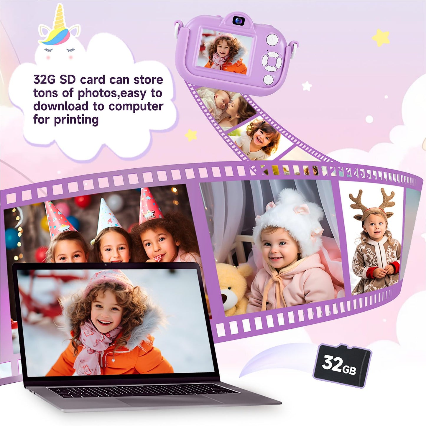 Kids Camera Digital Camera for Age 3-8, 1080P Toddler Camera for Kid with 32GB SD Card, Toddler Girls Toys Age 6-8, Christmas Birthday Gifts for Children