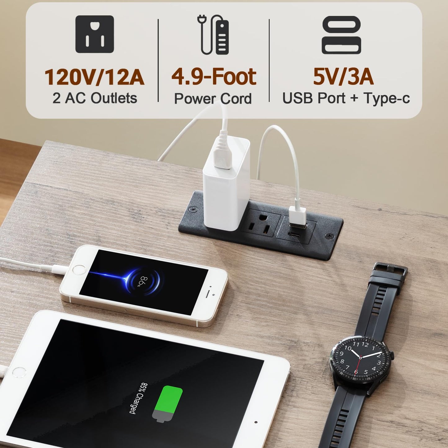 AMHANCIBLE Night Stand, Nightstand with Charging Station, End Tables Living Room with Fabric Drawer, Bedside Table with USB Ports and Outlets for Small Spaces Bedroom, Greige HET05XGY1