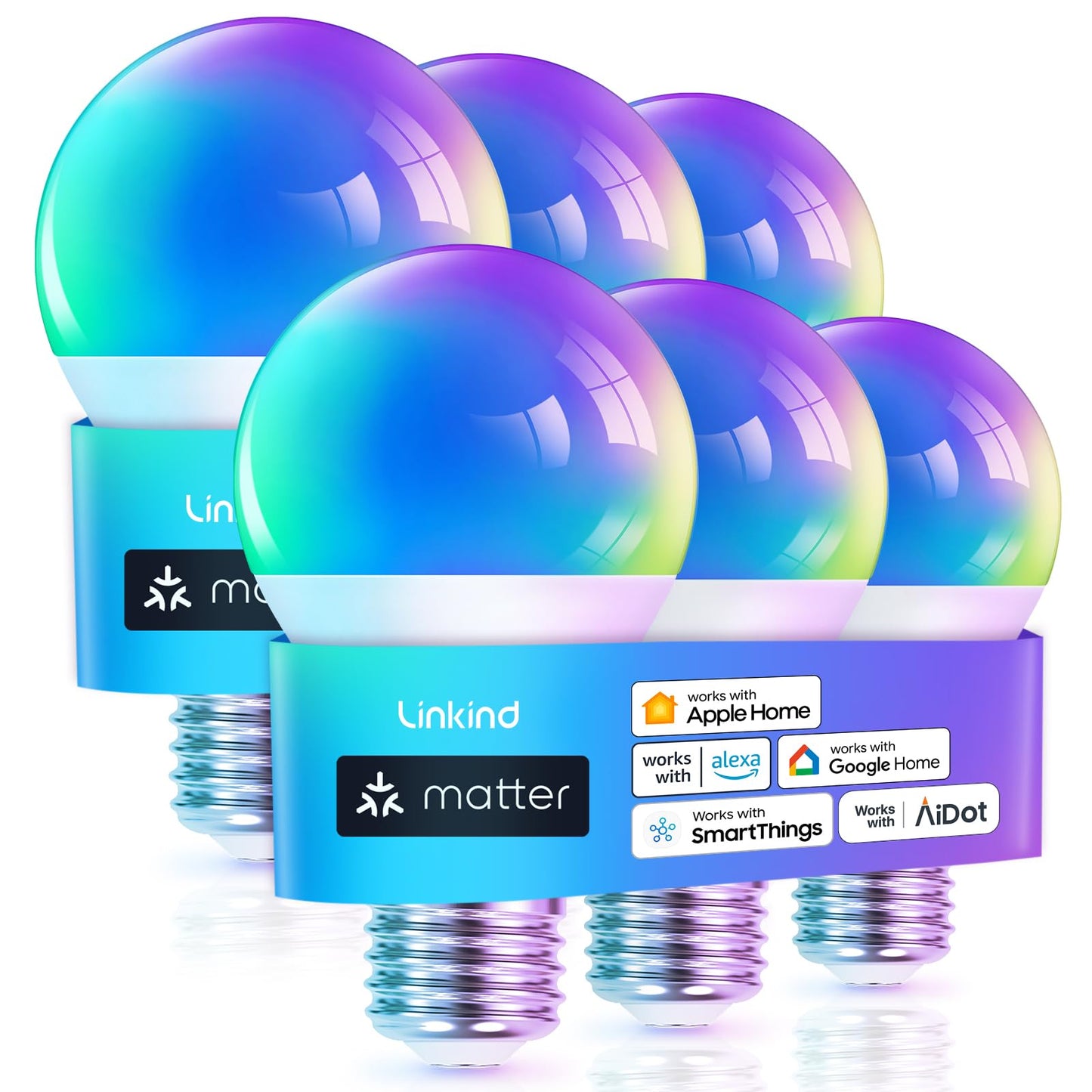 Linkind Matter Smart Light Bulb, WiFi Smart Bulbs, Work with Apple Home, Siri, Alexa, Google, SmartThings, RGTBW Color Changing Bulbs Mood Lighting, Music Sync, A19 E26 60W, 2.4Ghz WiFi 6 Pack