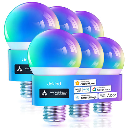 Linkind Matter Smart Light Bulb, WiFi Smart Bulbs, Work with Apple Home, Siri, Alexa, Google, SmartThings, RGTBW Color Changing Bulbs Mood Lighting, Music Sync, A19 E26 60W, 2.4Ghz WiFi 6 Pack