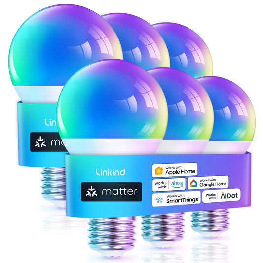 Linkind Matter Smart Light Bulb, WiFi Smart Bulbs, Work with Apple Home, Siri, Alexa, Google, SmartThings, RGTBW Color Changing Bulbs Mood Lighting, Music Sync, A19 E26 60W, 2.4Ghz WiFi 6 Pack