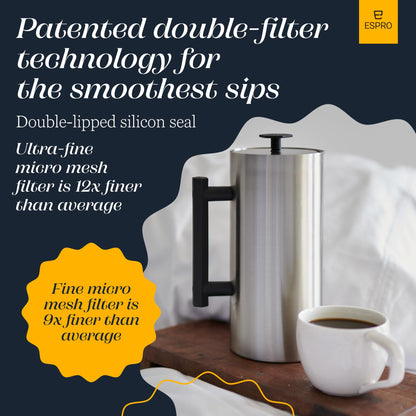 ESPRO P6 32 Ounces French Press Coffee Maker, Double Walled Stainless Steel Insulated, Brushed Stainless Steel