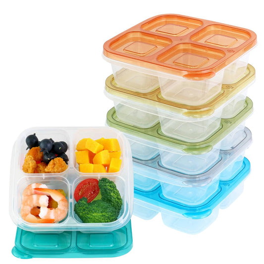 Finorder 6 Pack 4-Compartment Food Containers, Reusable Snack Containers for Kids Adults School Work Picnic Trip, Lunch Bento Box Meal Prep Containers (Dark Color Set)