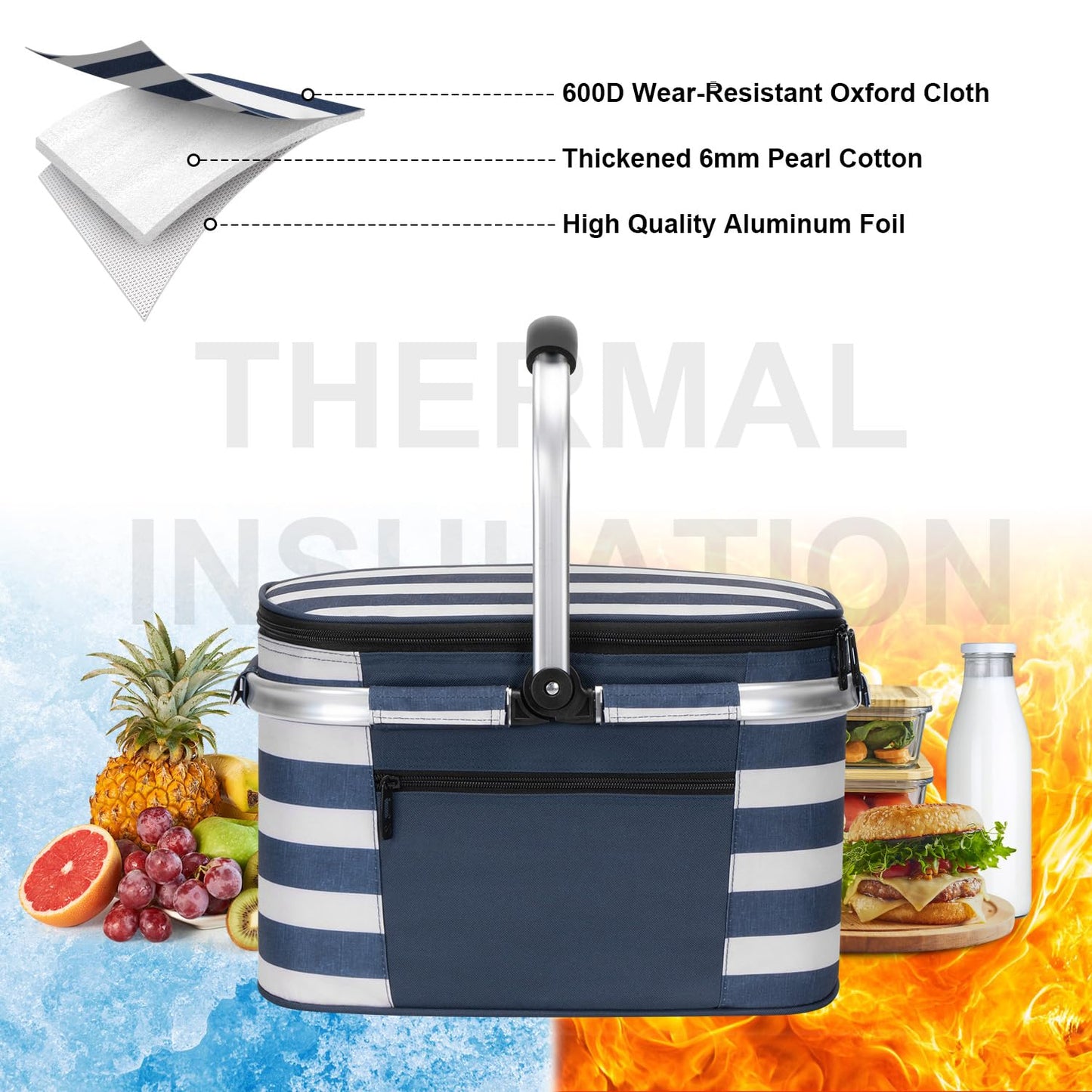 ALLCAMP Insulated Picnic Baskets Shoping Basket Cooler Bag Collapsible Portable Picnic Basket (Blue White Stripe)