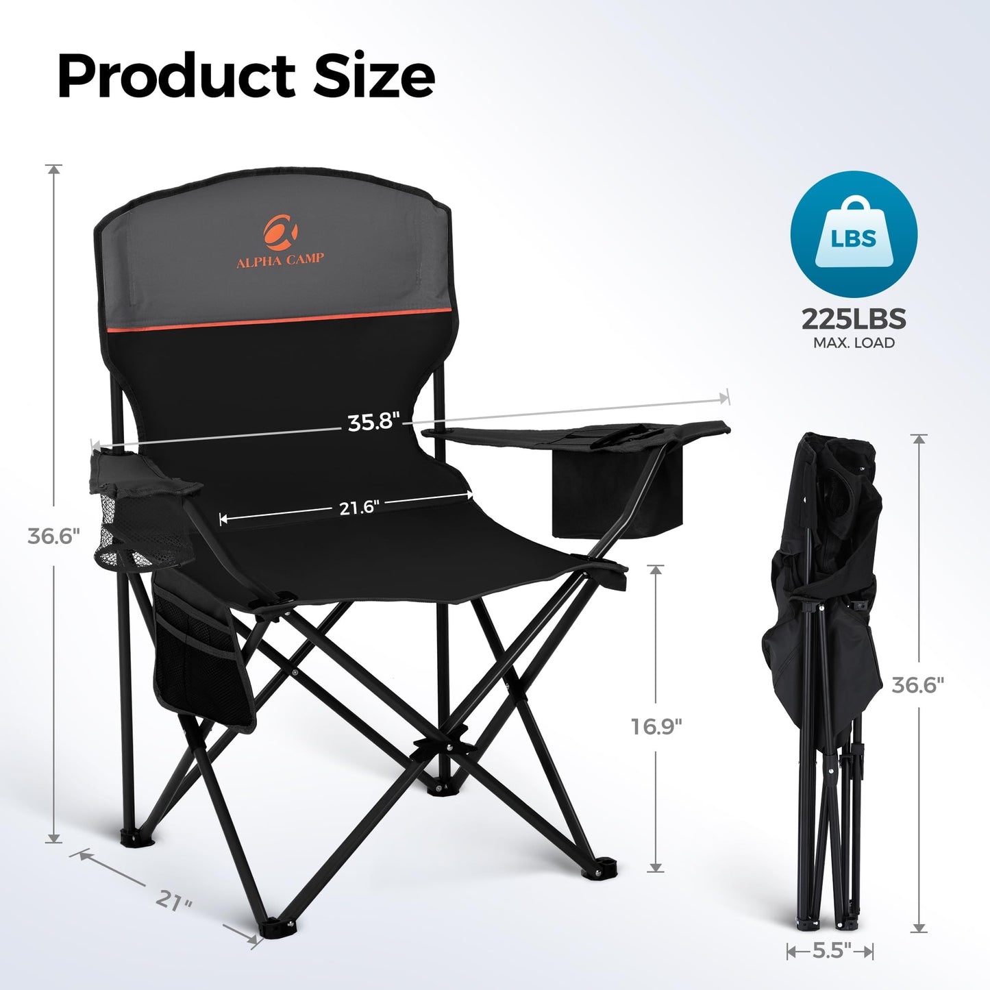 ALPHA CAMP Camping Chair 2 Pack Portable Chair with 3-Can Cooler Folding Chair with Side Pocket and Cup Holder, Collapsible for Camping, Tailgates, Beach, Fishing and Sports,Black,2PC