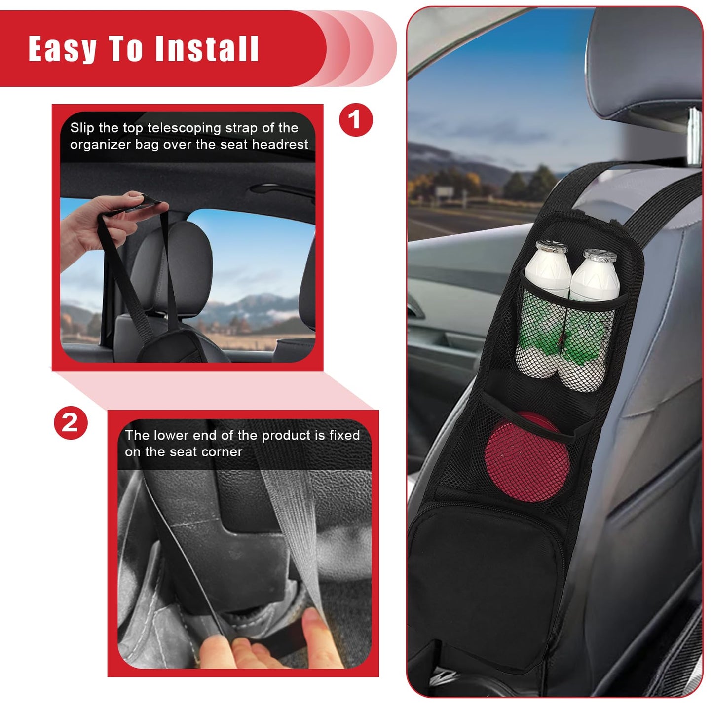QUICTO 2PCS Car Seat Storage Hanging Bag, Multi-Pocket Seat Side Organizer, Multifunctional Mesh Net Pocket, Can Hold Mobile Phone, Wallet, Glasses, Suitable for Cars, SUVs, Trucks