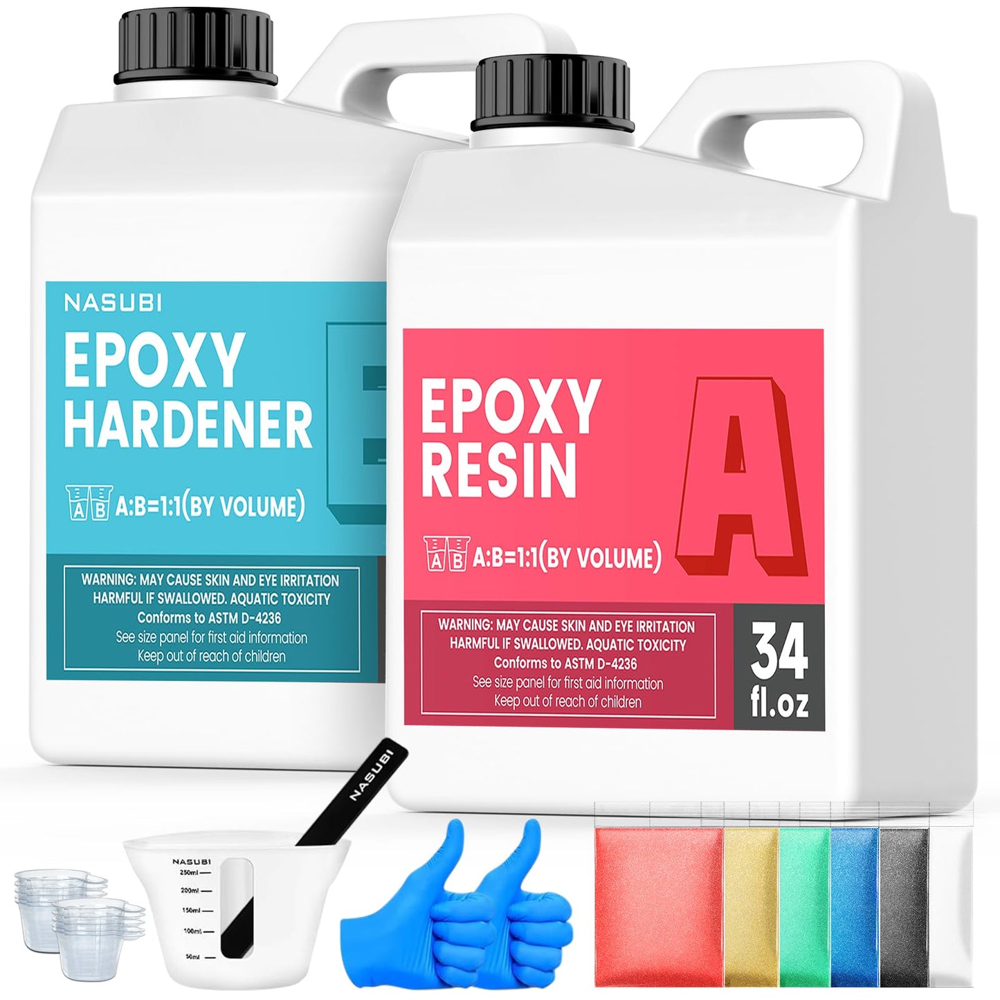 NASUBI Epoxy Resin Kit - 68OZ Crystal Clear Resin for Crafts, Mold, Wood, Jewelry Making, Art Casting Resin for Art, NO Bubble, 2 Part Clear Epoxy with Silicone Cups, Sticks, Pigment