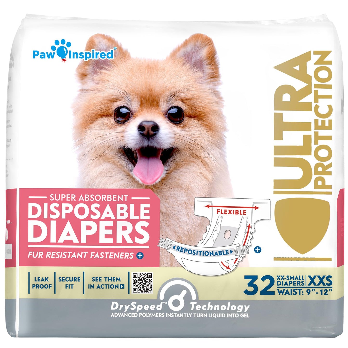 Paw Inspired Disposable Dog Diapers, Female Dog Diapers Ultra Protection, Diapers for Dogs in Heat, Excitable Urination, or Incontinence, XXS 32 Count