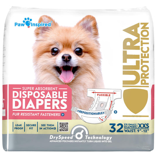 Paw Inspired Disposable Dog Diapers, Female Dog Diapers Ultra Protection, Diapers for Dogs in Heat, Excitable Urination, or Incontinence, XXS 32 Count