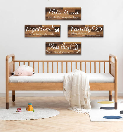 4 Pieces Home Wall Signs, THIS IS US/TOGETHER/BLESS THIS HOME/FAMILY Wall Decor For Living Room Bedroom, Rustic Wooden Farmhouse Wall Art , 4.7 x 13.8 Inch(Brown)