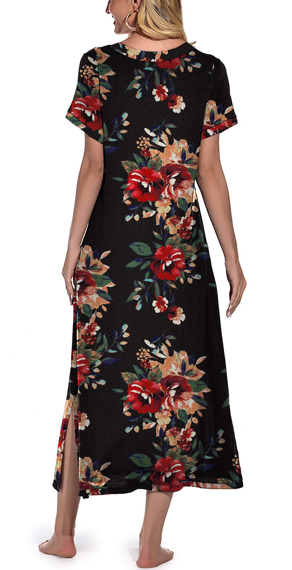 PrinStory Womens Long Nightgown Short Sleeve Nightshirt V-Neck Soft Loungewear Casual Sleepwear With Pockets FP-Brown Black-Medium