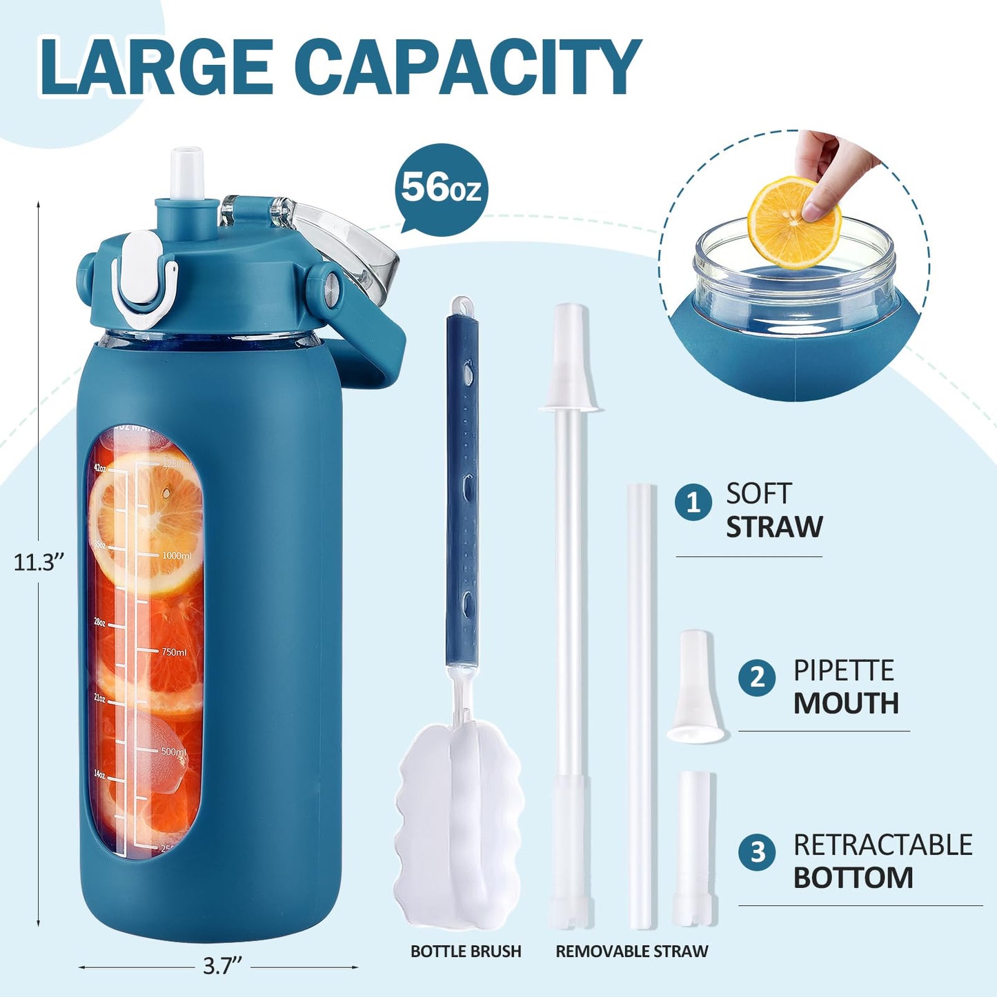 kytffu 56oz Glass Water Bottles with Straw, Motivational Glass Bottle with Silicone Sleeve and Time Marker, Leakproof Large Glass Water Jug for Gym Home Office,Iron Blue