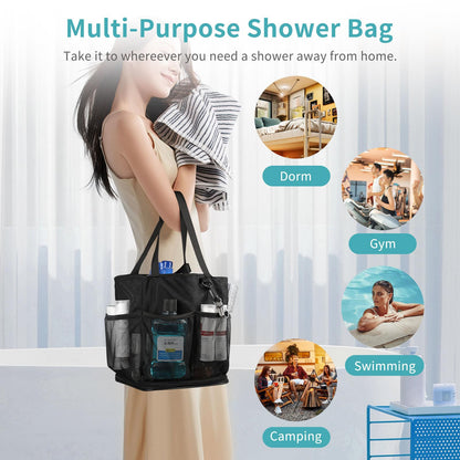 Mesh Shower Caddy Portable for College Dorm Room Essentials, Shower Tote Bag with Hanging Hook and Drawstring, Quick Dry Toiletry Bag with 6 Pockets for Bathroom, Swimming, Gym, Camping, Beach, Travel