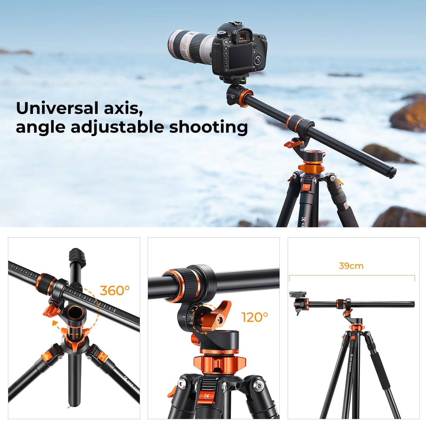 K&F Concept 90 inch/230cm Ultra High Camera Tripod,Horizontal Overhead Shooting Travel Tripods with Metal Ball Head 10KG Load Capacity,Detachable Monopod, for Indoor and Outdoor Use T254A7+BH-28L