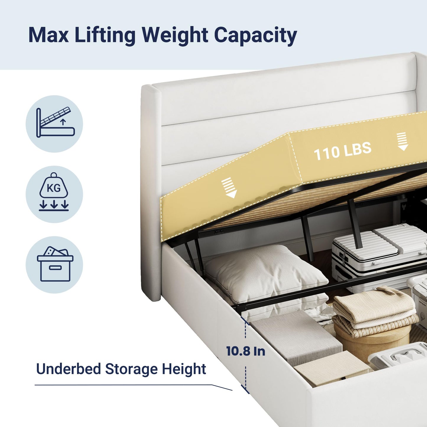 Allewie Full Size Velvet Lift Up Storage Bed, Modern Wingback Headboard, Hydraulic Support, No Box Spring Needed, White