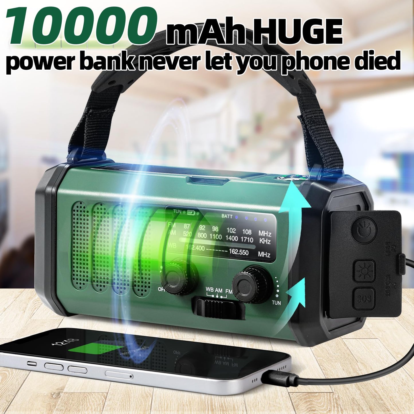 QAUYYW Hand Crank Emergency Radio,37000mWhSolar Powered Hand Crank Portable NOAA AM FM Weather Radio with 3Mode Flashlight and Reading Light,Cell Phone Charger,Home and Emergency Distress Signal