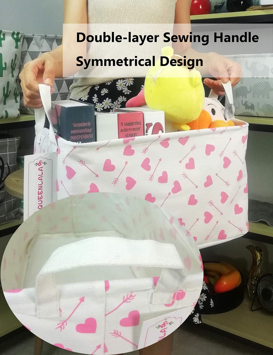 QUEENLALA Rectangular Laundry Hamper/Foldable Nursery Laundry Basket for Organizing/Storage Bin Baskets/Children Toy Office Bedroom/Toy Bin Closet Shelf Baskets（Rec-Pink-Heart Arrow）