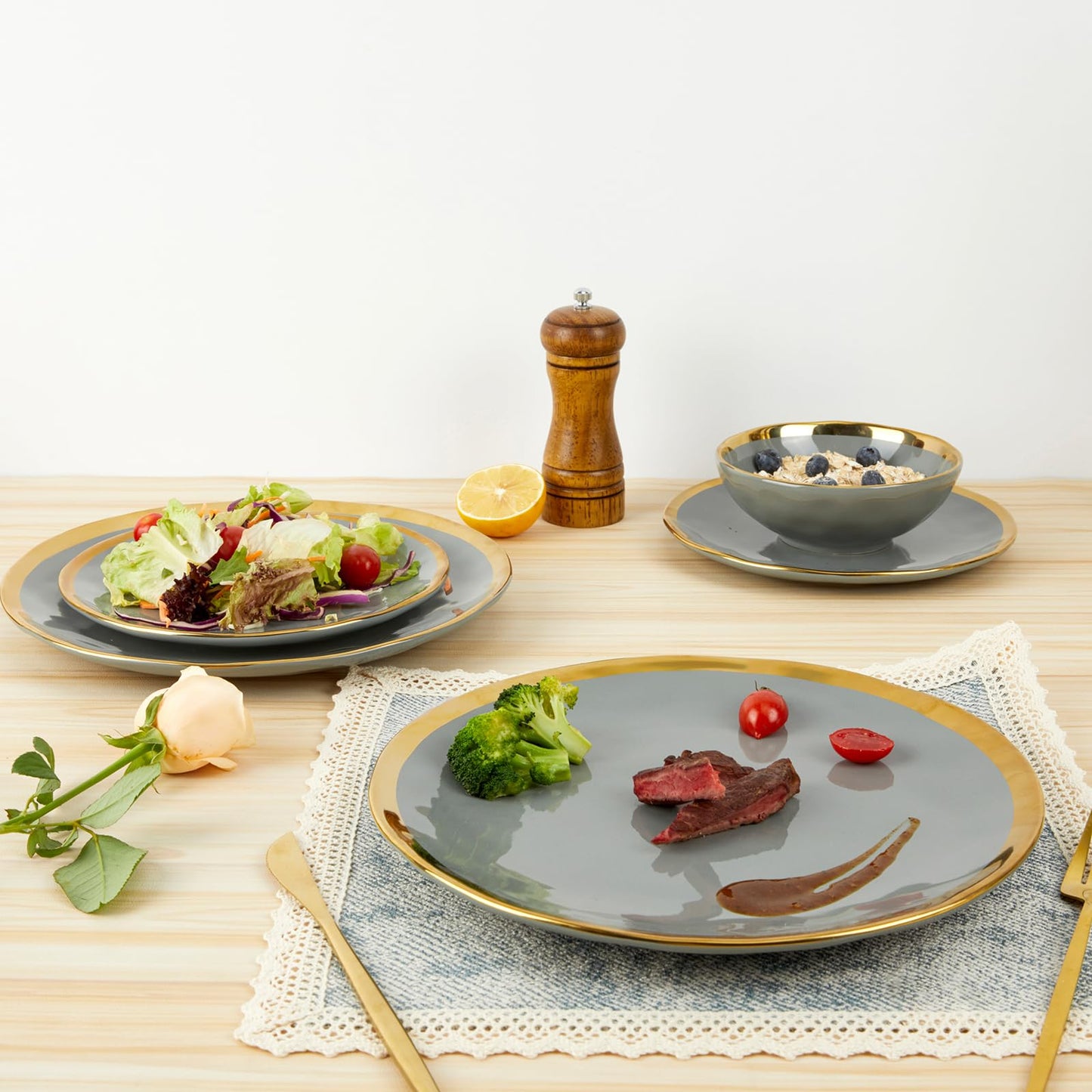 Pokini Porcelain Luxury Dinnerware Sets, Modern Plates and Bowls Sets for 4, Highly Chip and Crack Resistant, Grey and Gold Rim China Dishes Set for Wedding Anniversary