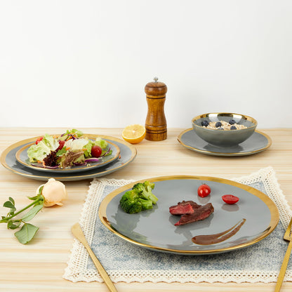 Pokini Porcelain Luxury Dinnerware Sets, Modern Plates and Bowls Sets for 4, Highly Chip and Crack Resistant, Grey and Gold Rim China Dishes Set for Wedding Anniversary