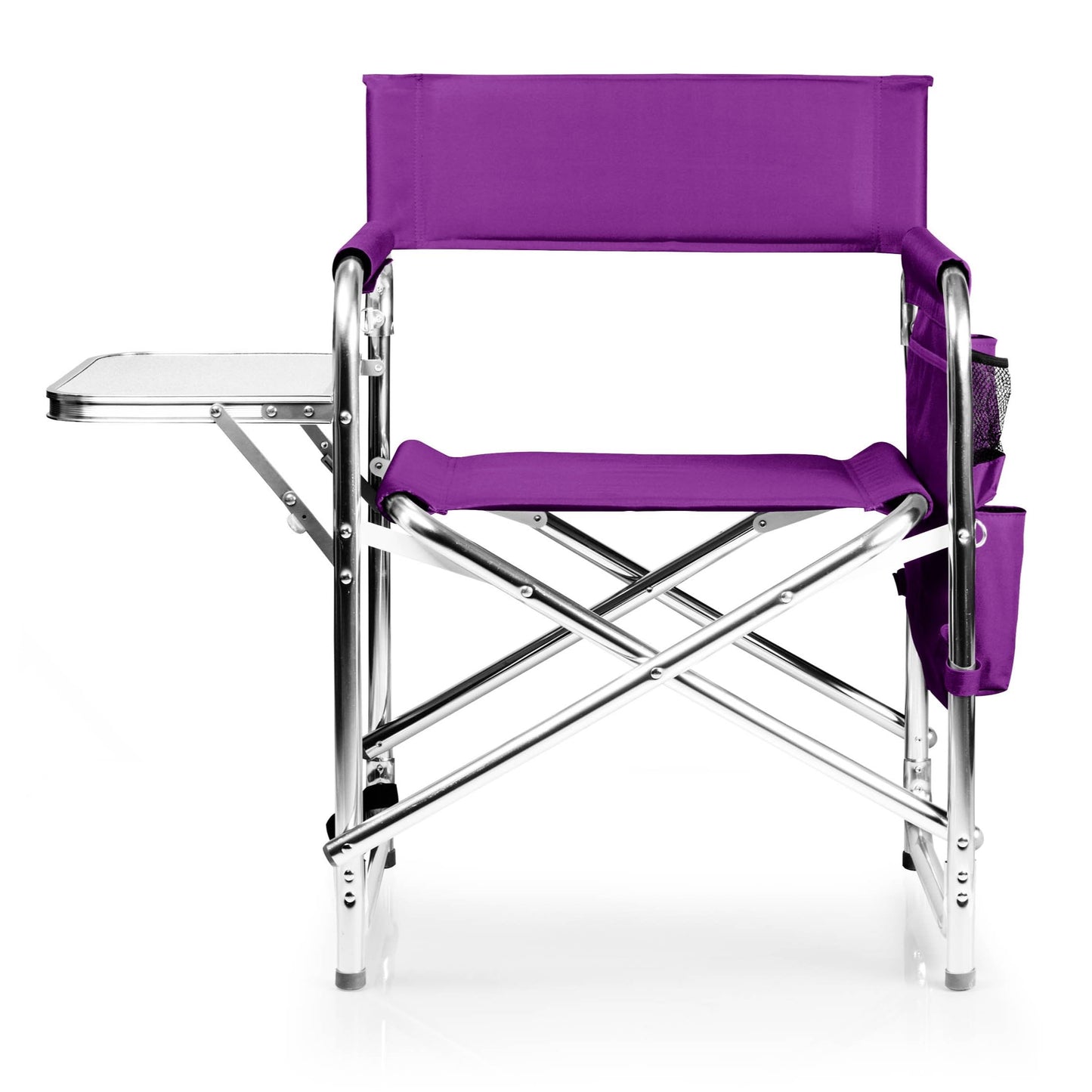 PICNIC TIME Sports Chair with Side Table, Outdoor Foldable Padded Adult Camping Chairs with Cup and Accessory Panel for Lawn, Beach, & Sports Use for Adults, up to 300-lbs Capacity, (Purple)