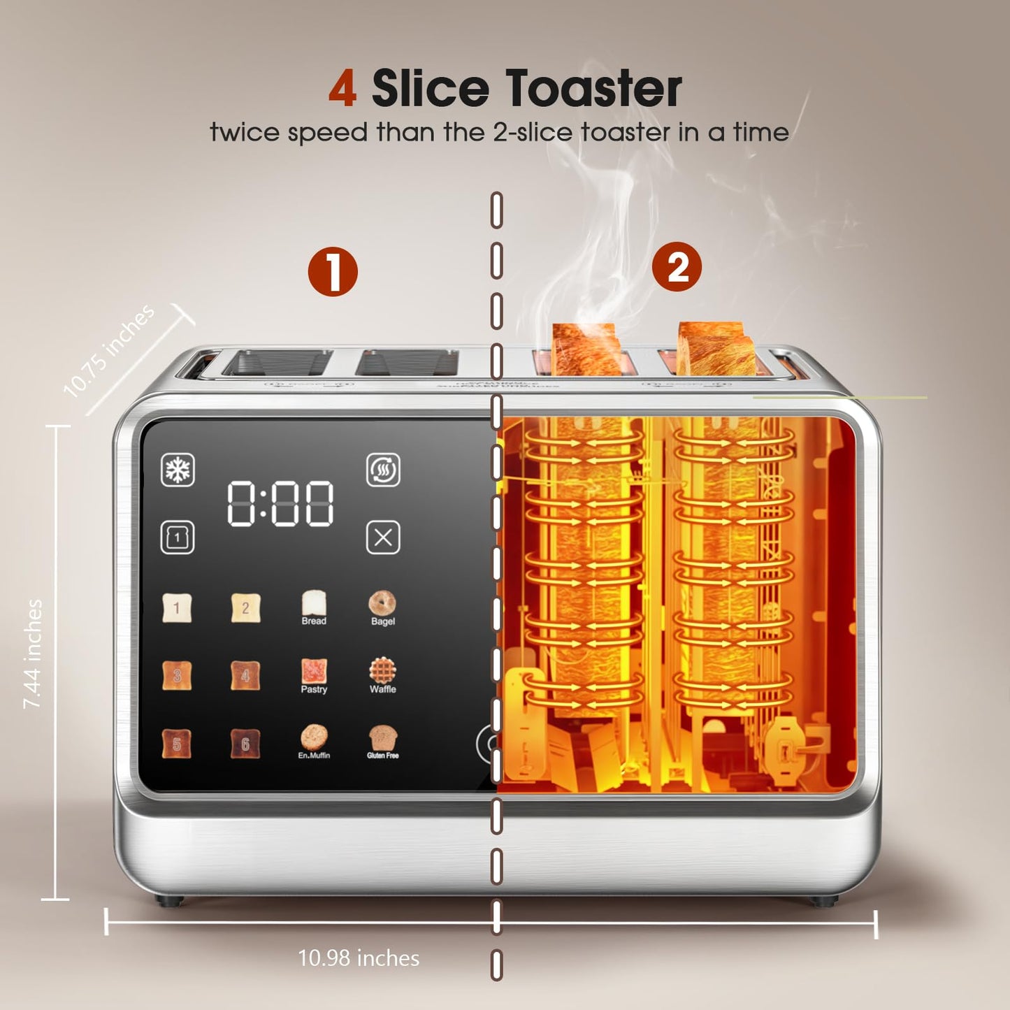 4 Slice Toaster– Dual Digital Smart TouchScreen & Independent Control Panel | Single-Slot Tech, Timer/Reheat/Defrost for Bagels, Bread | 1800W Stainless Steel, 6 Toast Types & Shade Settings