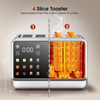 4 Slice Toaster– Dual Digital Smart TouchScreen & Independent Control Panel | Single-Slot Tech, Timer/Reheat/Defrost for Bagels, Bread | 1800W Stainless Steel, 6 Toast Types & Shade Settings