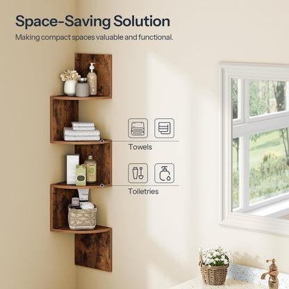 HOOBRO Corner Shelf Wall-Mounted, Set of 2 Floating Corner Shelves for Wall, 4-Tier Corner Bookshelves for Living Room, Bedroom, Bathroom, Home Office, Rustic Brown BF25BJP201