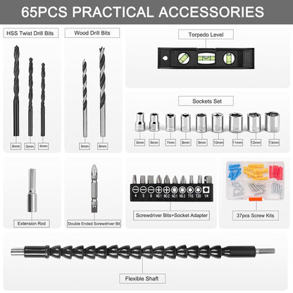 GardenJoy Cordless Power Drill Set: 12V Electric Drill with Battery and Charger, 65pcs Acessories, 3/8"Keyless Chuck, 2 Variable Speed, 24+1 Position, Compact Drill Driver Kit for Home & DIY Project