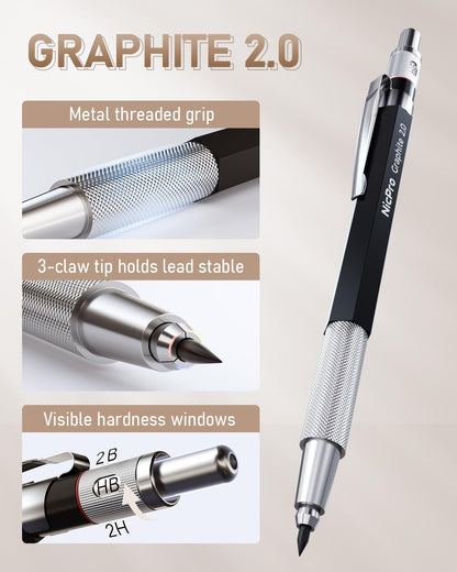 Nicpro 30PCS Art Mechanical Pencil Set in Leather Case, Metal Drafting Pencil 0.5 mm, 0.7 mm, 0.9 mm & 3 PCS 2mm Lead Holders for Sketching Drawing With 16 Tube (6B 4B 2B HB 2H 4H Colors) Lead Refills