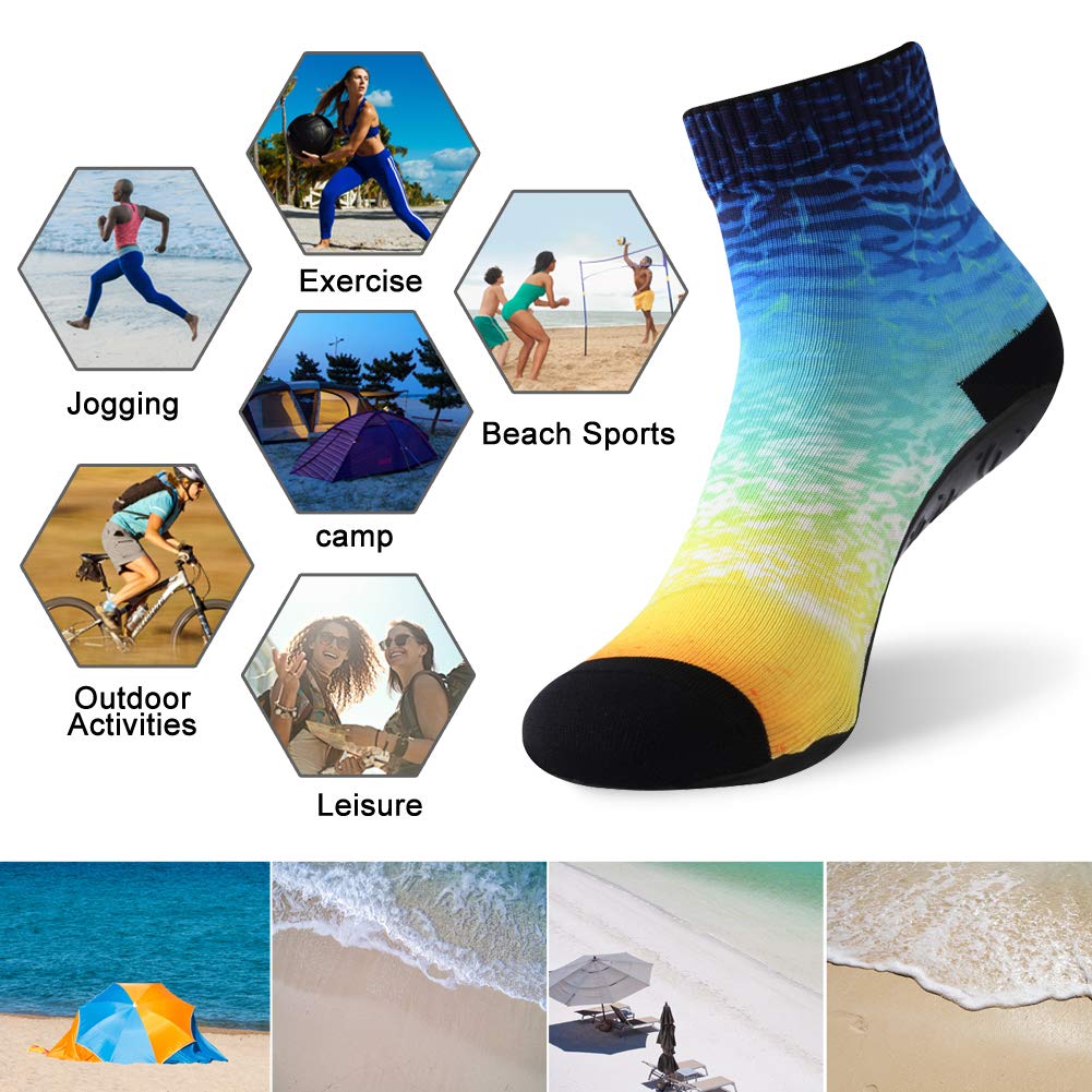 RANDY SUN Outdoor Water Sport Sand Playing Socks, Unisex Summer Not Waterproof Shoes for Beach Pool Swim Surf Yoga Exercise With TPE Sole Protect Against Hot Sand(2 Pairs Black&Yellow Printed Ankle M