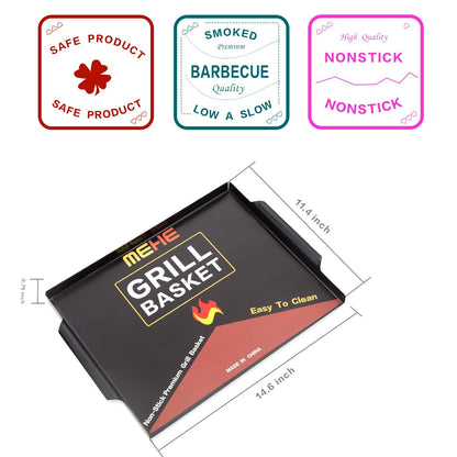 MEHE Vegetable Grill Basket,Nonstick Grill Pan 14.6 "x11.4 Thicken Grilling Topper BBQ Accessory for Grilling Veggie, Fish, Shrimp, Meat, Camping Cookware (No Hand)