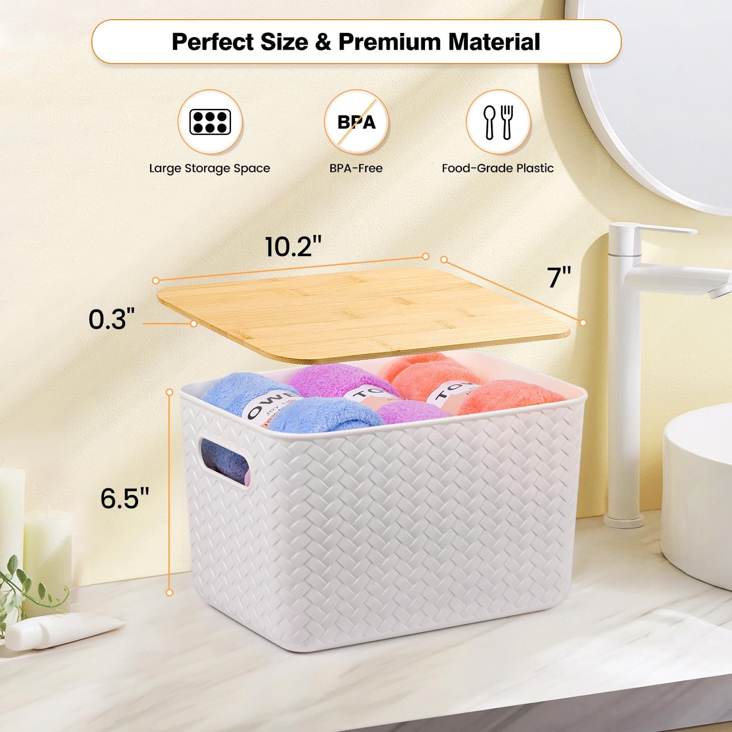 Ohmlove 4 Packs Storage Bins with Bamboo Lids - Plastic Storage Containers with Lids Stackable Storage Box：Storages Baskets for Organizing Desktop Closet Playroom Classroom Office,White