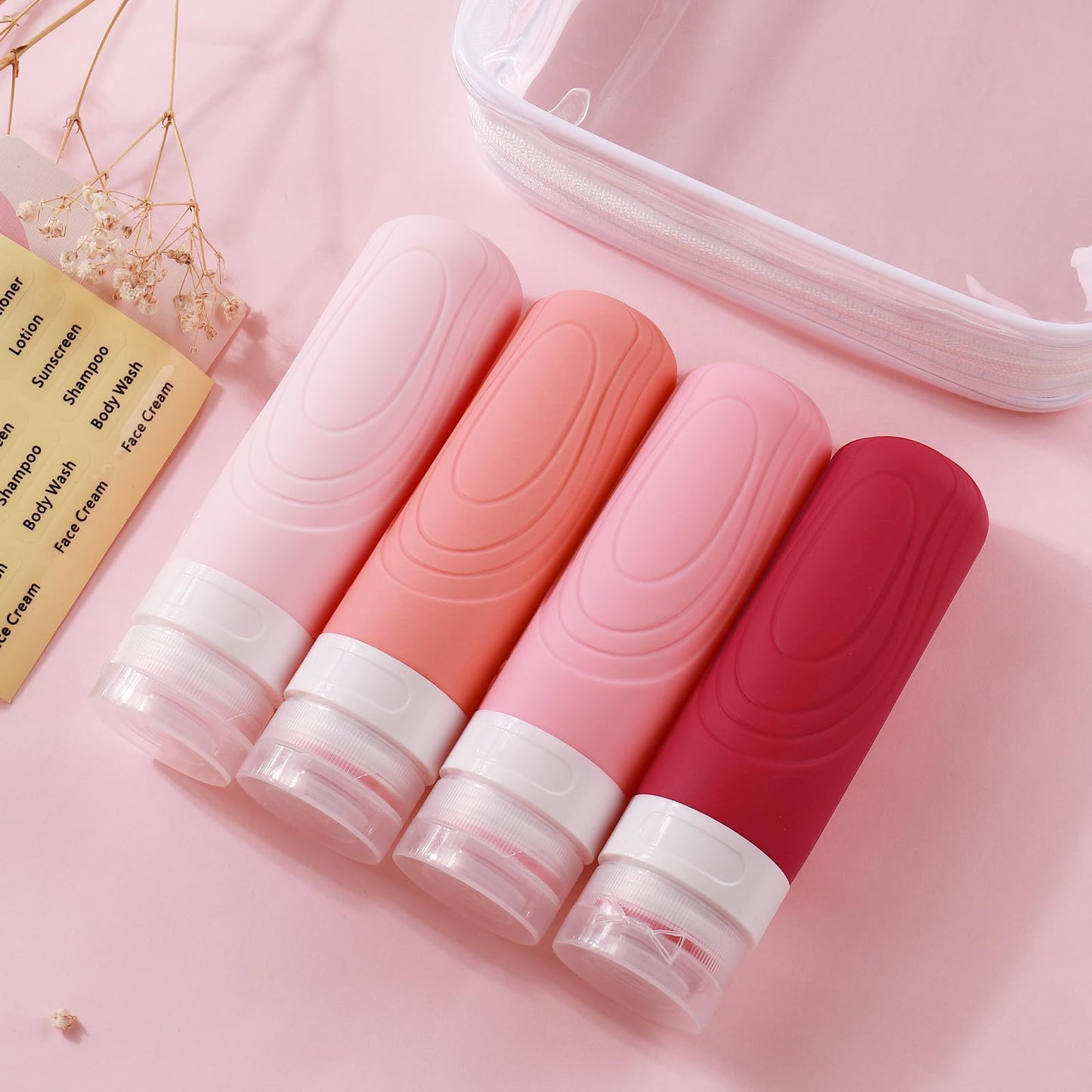 GLAMFIELDS TSA Approved Travel Bottles for Toiletries, 3oz Size Leak Proof Silicone Containers for Shampoo, Conditioner,Easy to Squeeze and Portable, Essentials for Traveling (4 Pack) Pink