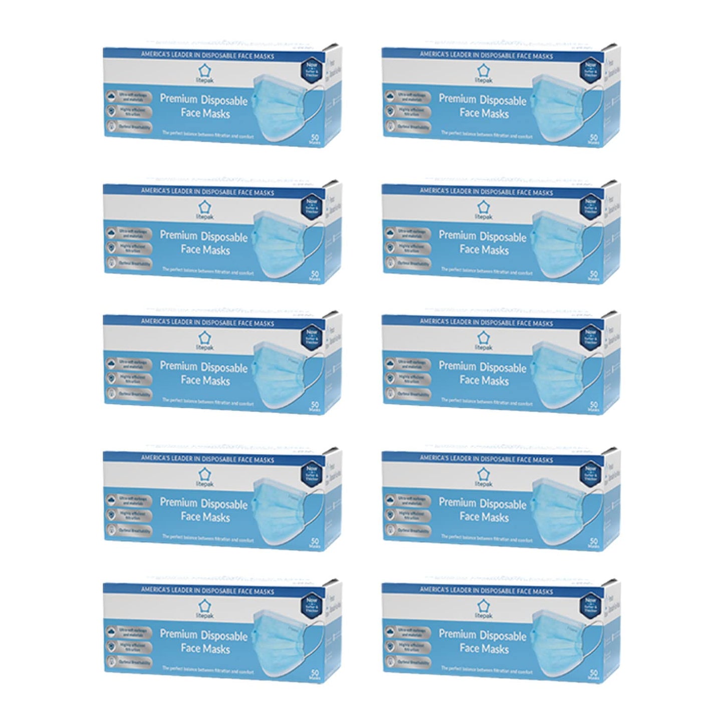 Litepak 500pcs Premium Disposable Face Mask SOFT 3ply Nose Wire - Blue