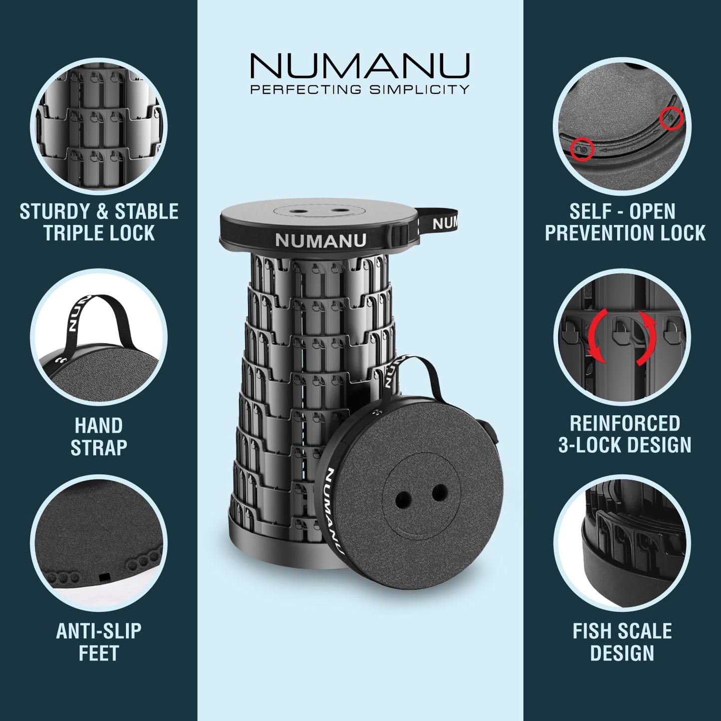 NUMANU 2-Pack 2025 Upgraded Collapsible Stool & Dual Carry Bag + Clips, Max 620lb Portable Folding Stool, Height Adjustable Retractable Telescopic Seat, Travel Chair, Foldable Camping Seat or Footrest