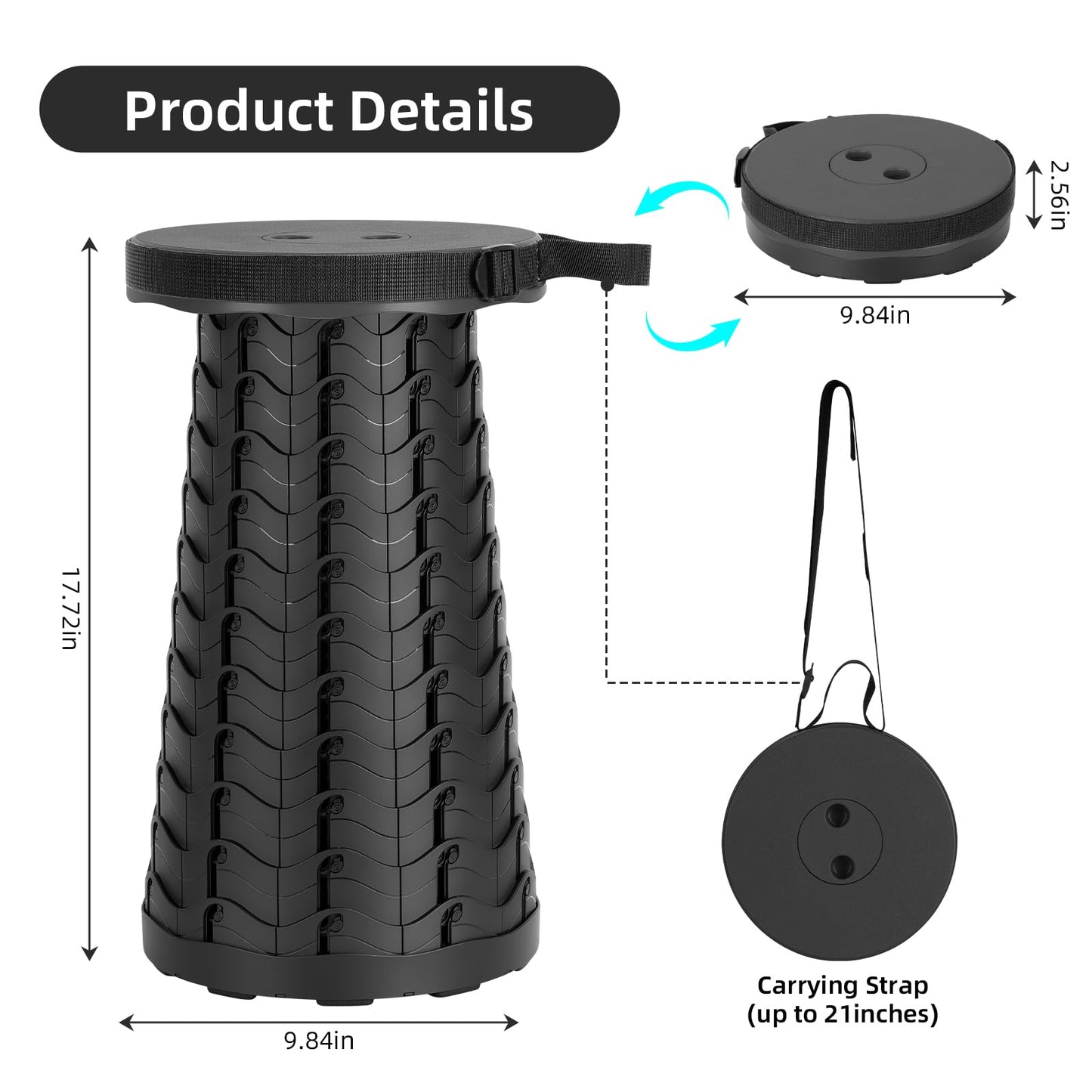 Qiguet Collapsible Stool, Folding Chair - Upgraded Portable Chair with Load Capacity 400lbs, Portable Stool for Camping Fishing Hiking - Folding Tool with Carrying Straps,Gifts for Fisherman (Black)