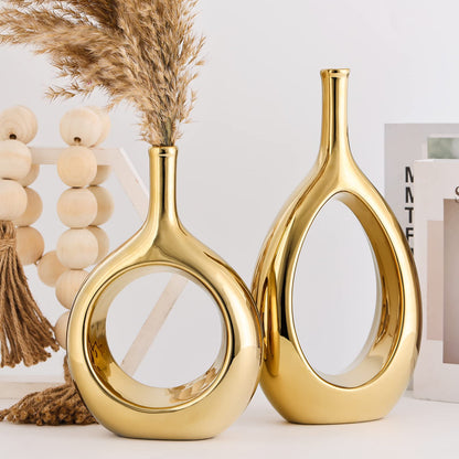 Glossy Gold Ceramic Vase Set 2,Modern Hollow Circle with Hole Flower Vase for Home Decor,for Table Centerpieces,Farmhouse,Fire Place,Living Room,Bedroom,Office,Bookshelf,Rustic Decor