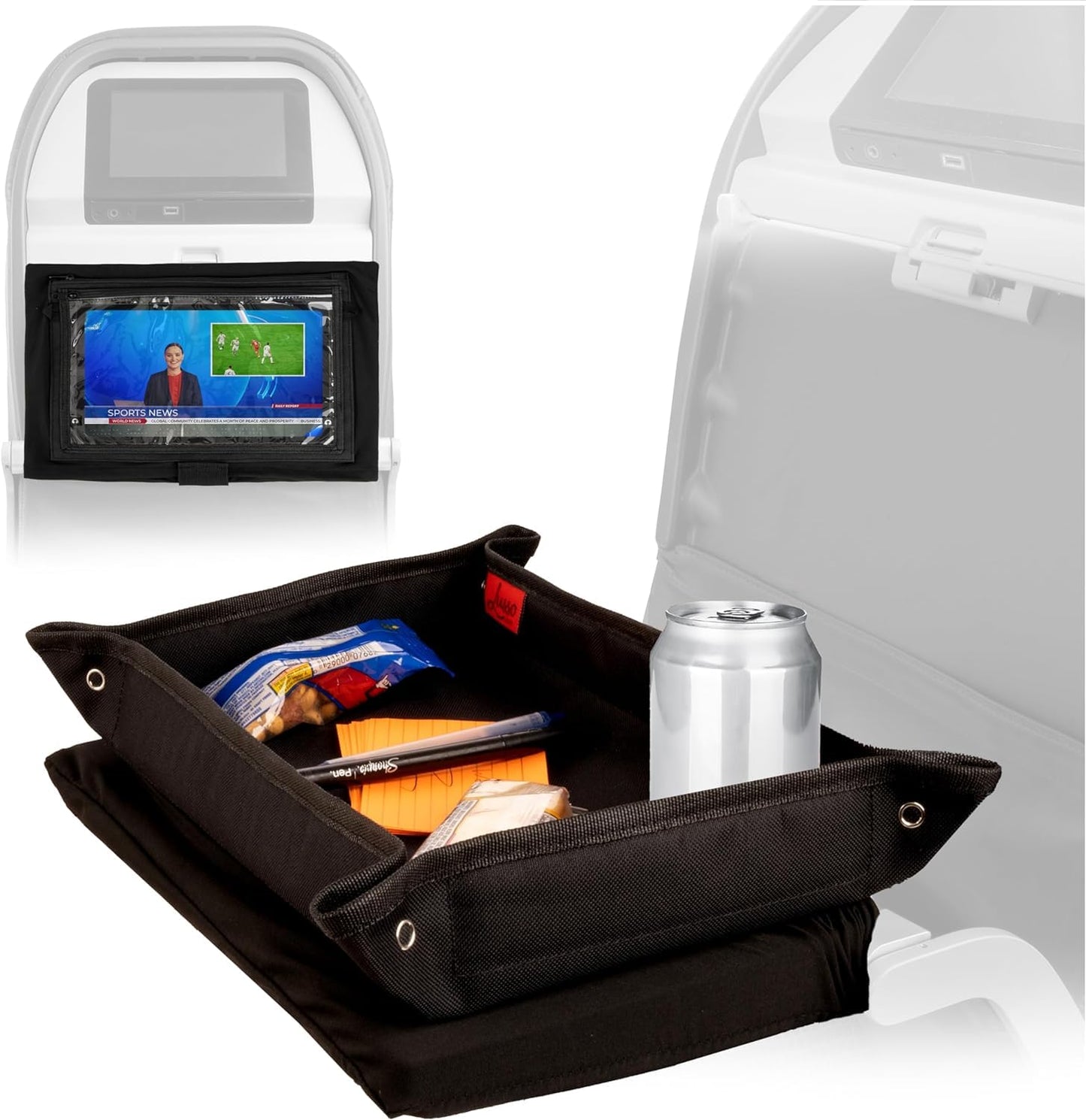 Lusso Gear Airplane Tray Table Cover with Pockets - Travel Essentials - Black Modern Linen - Portable Organizer & Tablet Holder - Airplane Travel Accessories & Road Trip Essentials