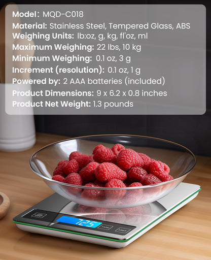 Nicewell Food Scale, 22lb Digital Kitchen Scale Weight Grams and oz for Cooking Baking, 1g/0.1oz Precise Graduation, Stainless Steel and Tempered Glass (Ash Silver)